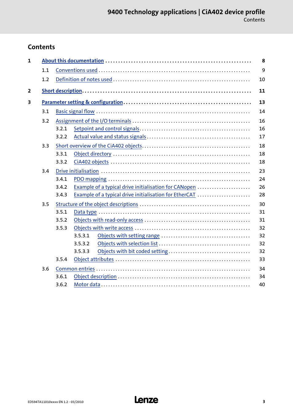 Lenze E94AxHE Technology Application CiA402 Device profile User Manual | Page 3 / 232