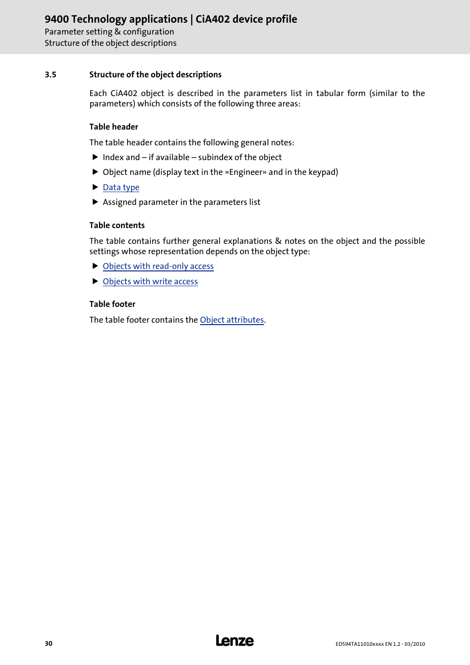 5 structure of the object descriptions, Structure of the object descriptions | Lenze E94AxHE Technology Application CiA402 Device profile User Manual | Page 30 / 232