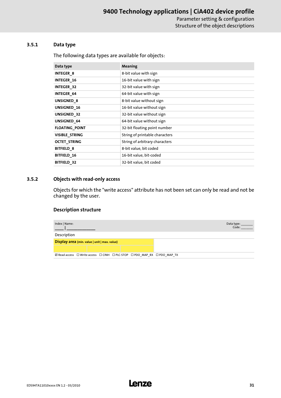 1 data type, 2 objects with read-only access, Data type | Objects with read-only access | Lenze E94AxHE Technology Application CiA402 Device profile User Manual | Page 31 / 232