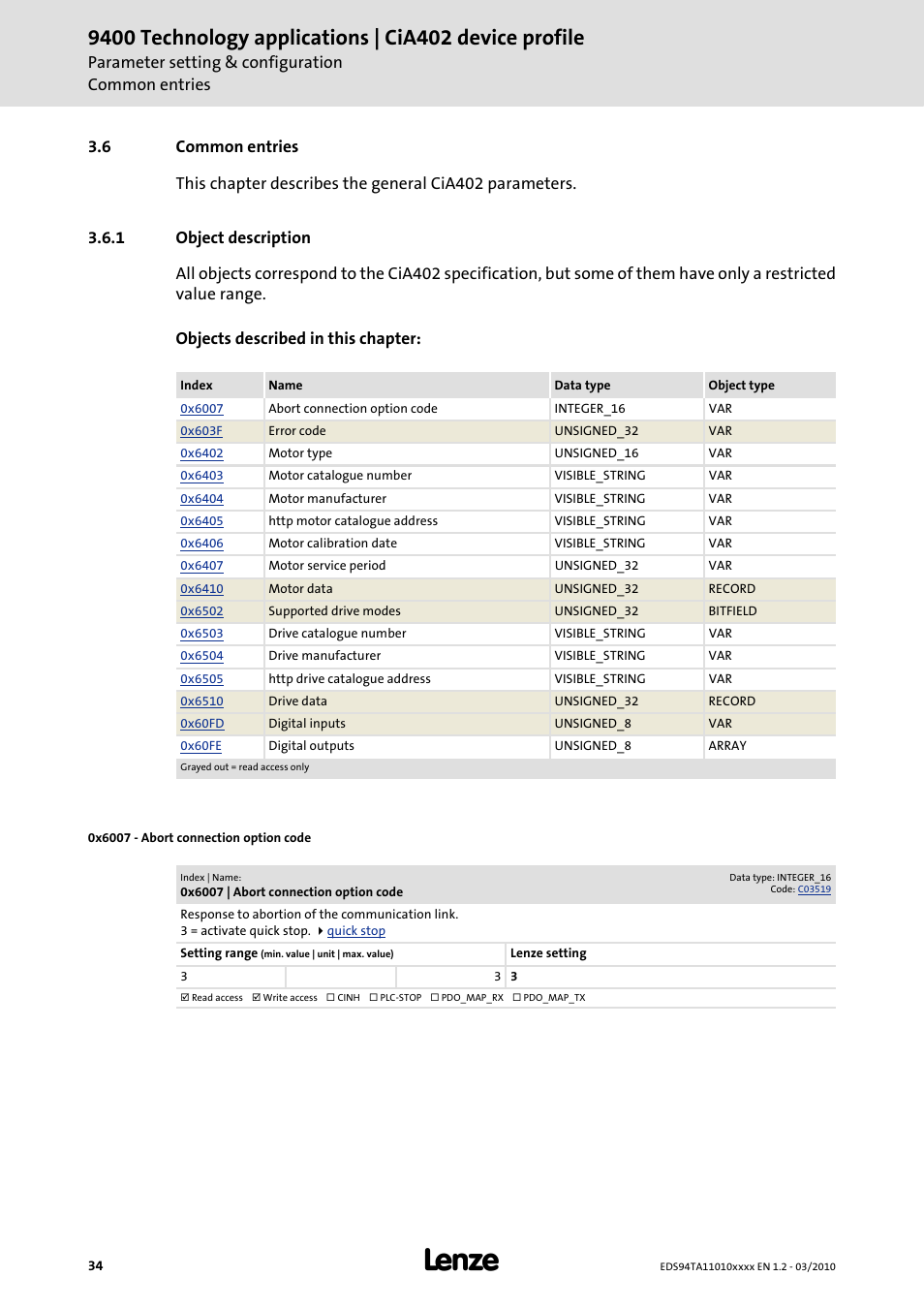 6 common entries, 1 object description, Common entries | Object description, 0x6007 | Lenze E94AxHE Technology Application CiA402 Device profile User Manual | Page 34 / 232