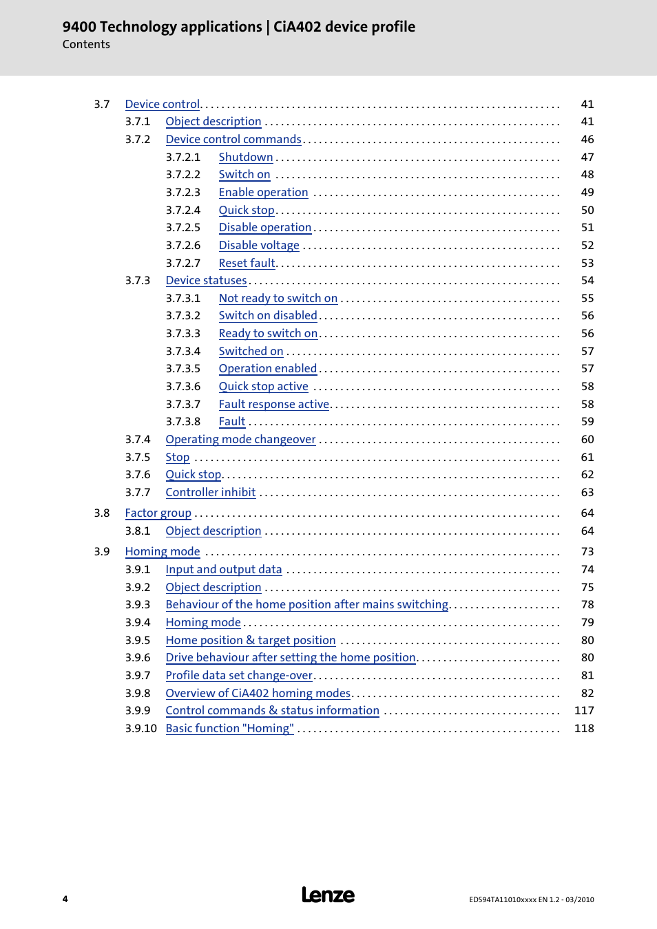 Lenze E94AxHE Technology Application CiA402 Device profile User Manual | Page 4 / 232
