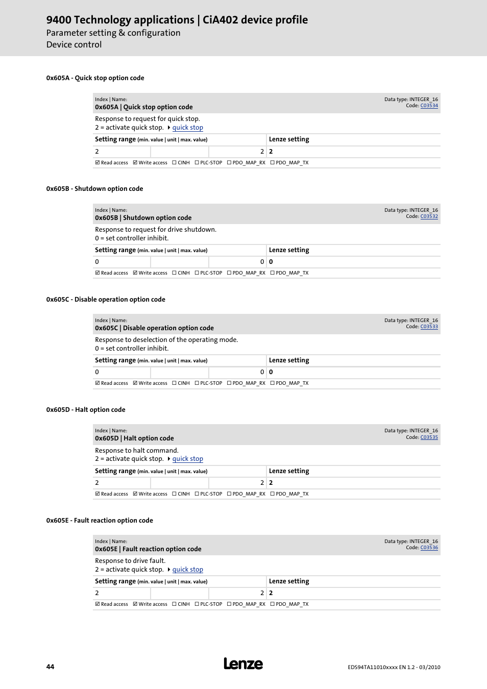 0x605a, 0x605b, 0x605c | 0x605d, 0x605e, Parameter setting & configuration device control | Lenze E94AxHE Technology Application CiA402 Device profile User Manual | Page 44 / 232