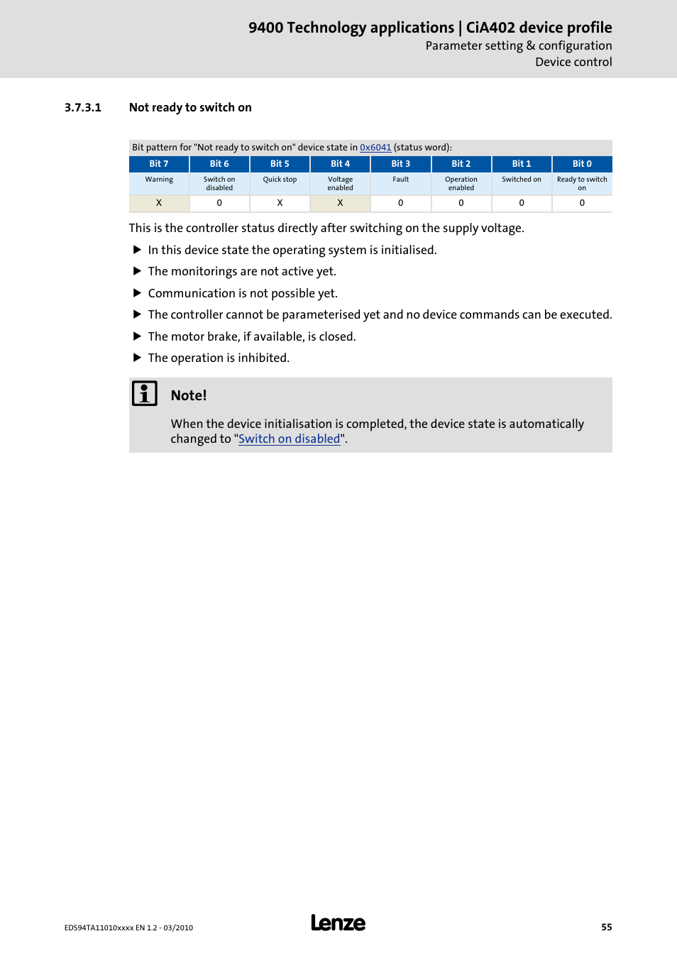 1 not ready to switch on, Not ready to switch on, Not ready to switch | Lenze E94AxHE Technology Application CiA402 Device profile User Manual | Page 55 / 232