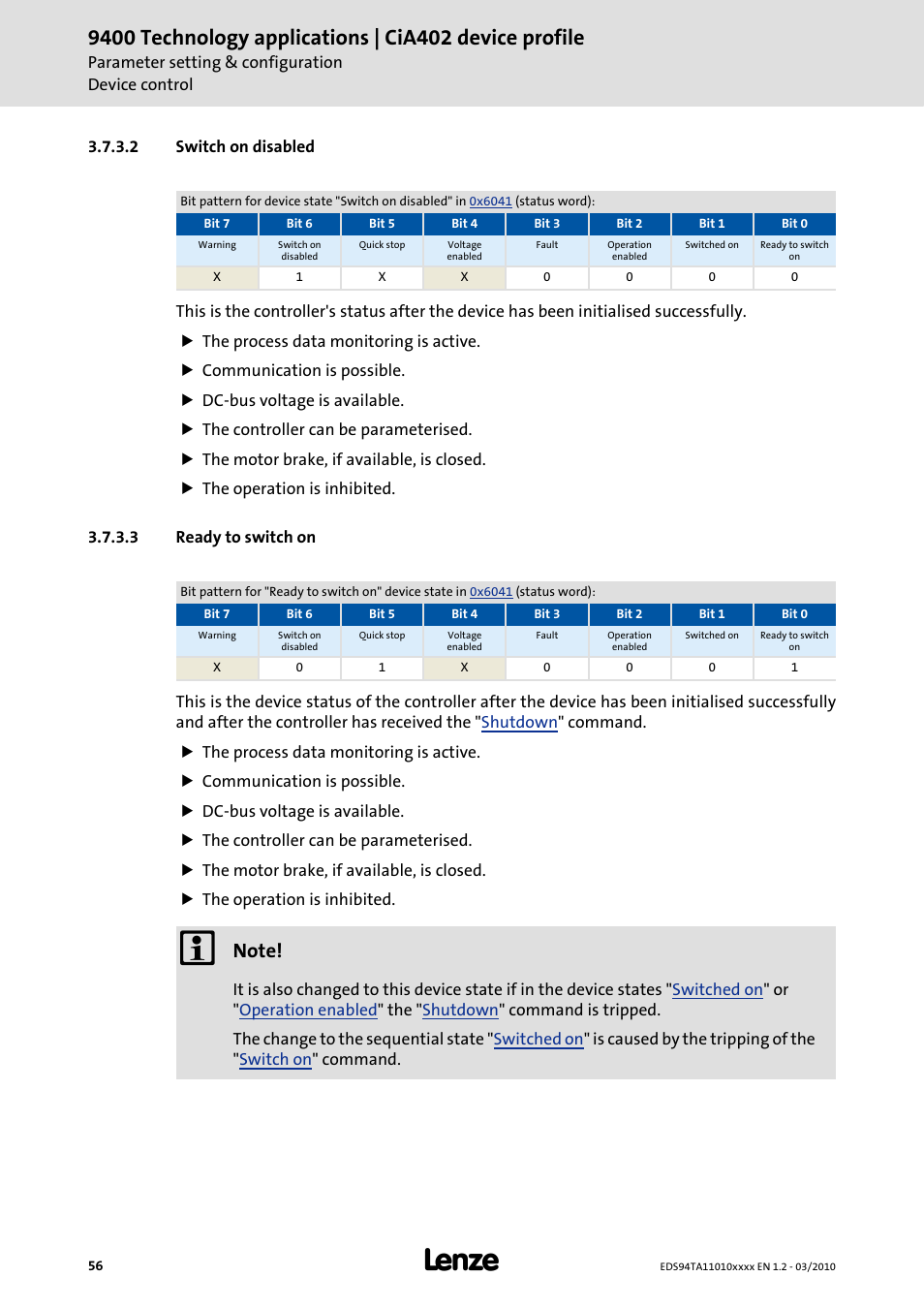 2 switch on disabled, 3 ready to switch on, Switch on disabled | Ready to switch on, Ce status from, Ready to switch, It is changed back to the device state, I.e. the switch on inhibit is active | Lenze E94AxHE Technology Application CiA402 Device profile User Manual | Page 56 / 232