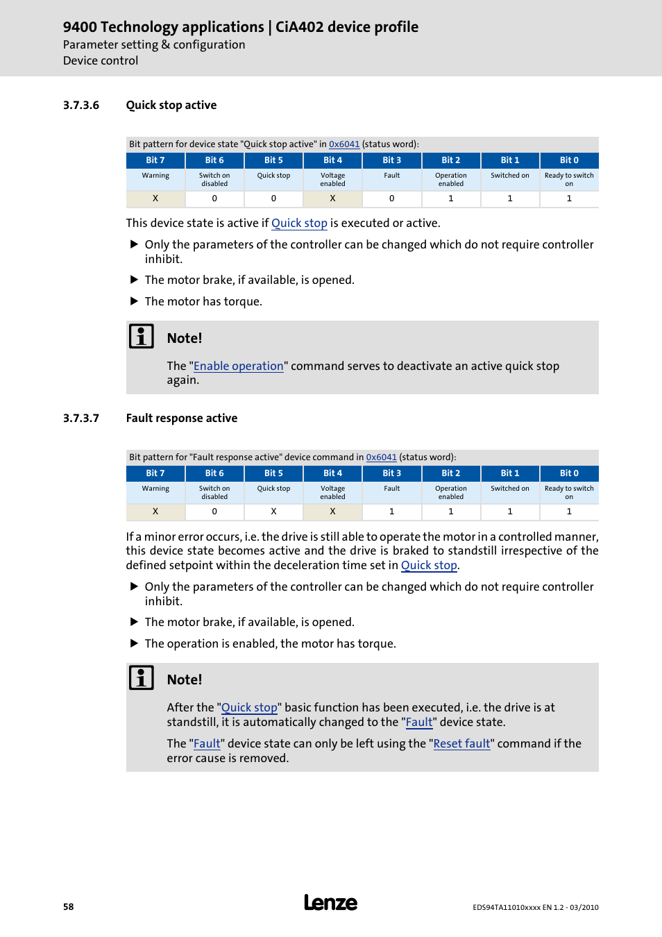 6 quick stop active, 7 fault response active, Quick stop active | Fault response active | Lenze E94AxHE Technology Application CiA402 Device profile User Manual | Page 58 / 232