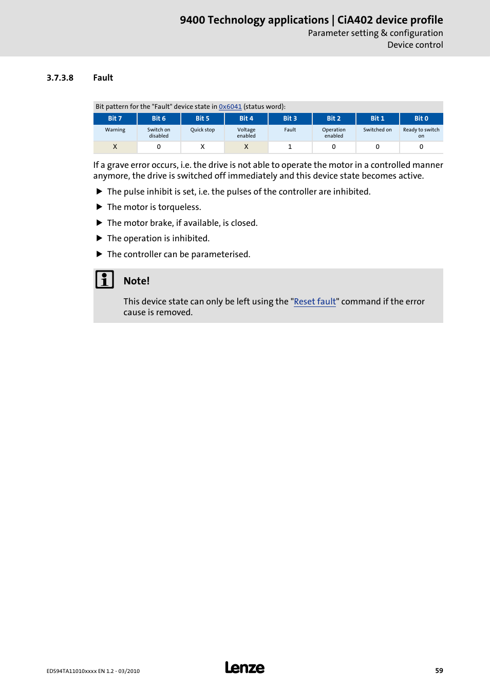 8 fault, Fault, It is automatically changed to the | Device, Device state can only be left using the | Lenze E94AxHE Technology Application CiA402 Device profile User Manual | Page 59 / 232