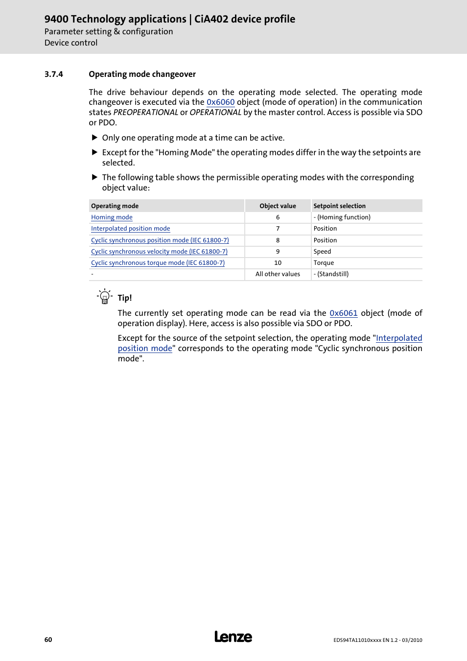4 operating mode changeover, Operating mode changeover | Lenze E94AxHE Technology Application CiA402 Device profile User Manual | Page 60 / 232