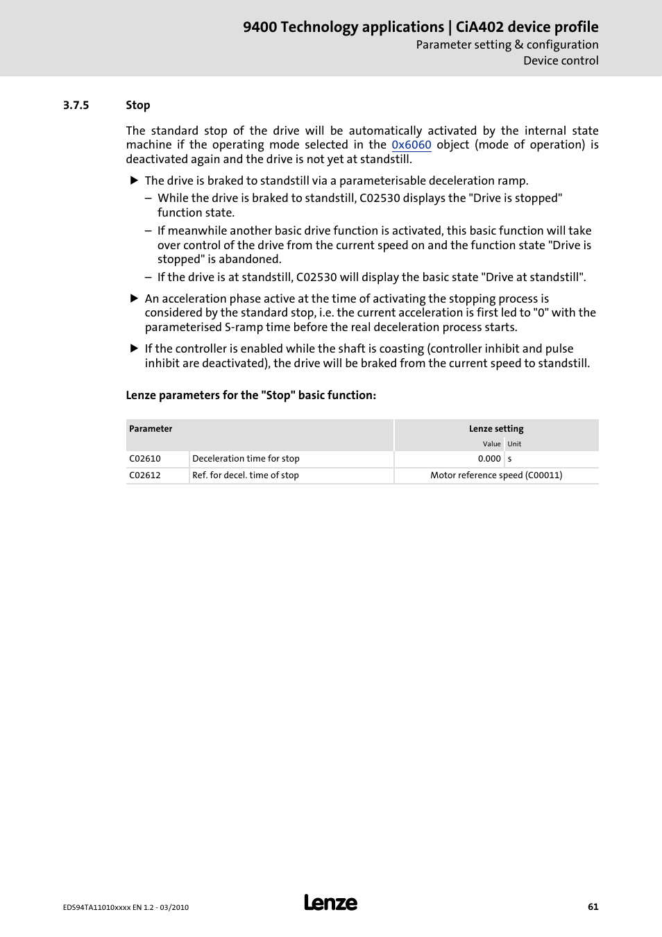 5 stop, Stop | Lenze E94AxHE Technology Application CiA402 Device profile User Manual | Page 61 / 232