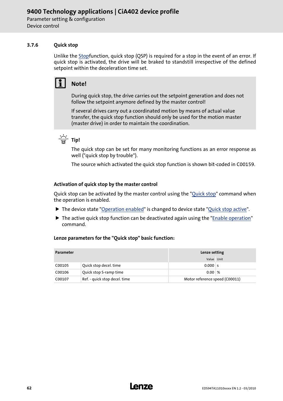 6 quick stop, Quick stop, After the | Lenze E94AxHE Technology Application CiA402 Device profile User Manual | Page 62 / 232