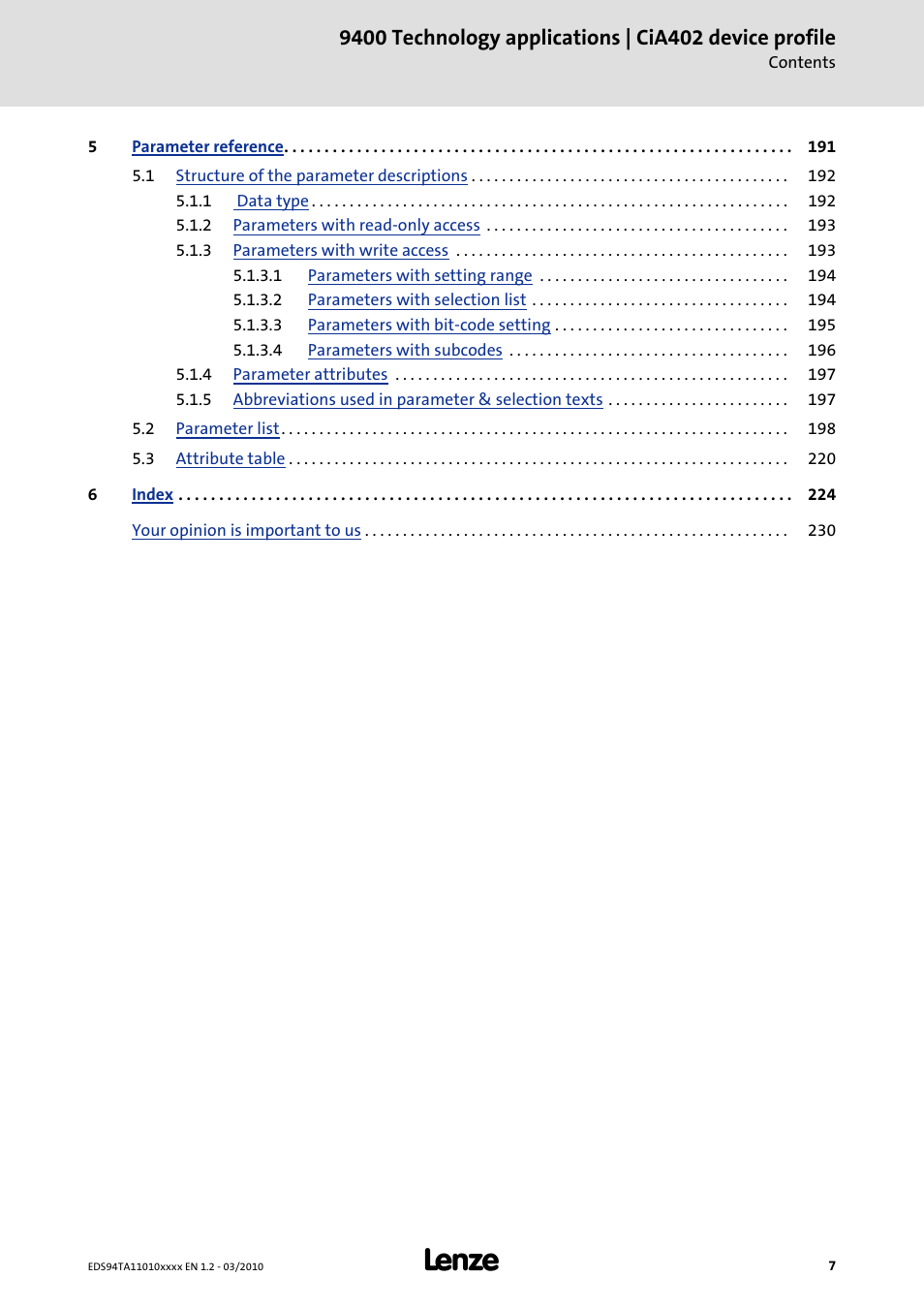 Lenze E94AxHE Technology Application CiA402 Device profile User Manual | Page 7 / 232