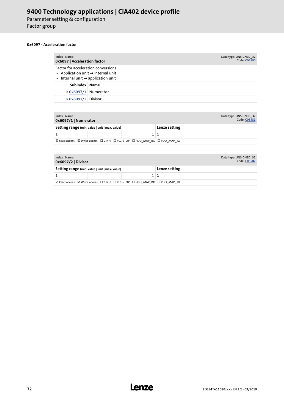 0x6097, Parameter setting & configuration factor group | Lenze E94AxHE Technology Application CiA402 Device profile User Manual | Page 72 / 232