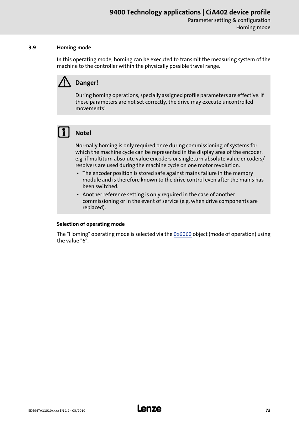 9 homing mode, Homing mode | Lenze E94AxHE Technology Application CiA402 Device profile User Manual | Page 73 / 232