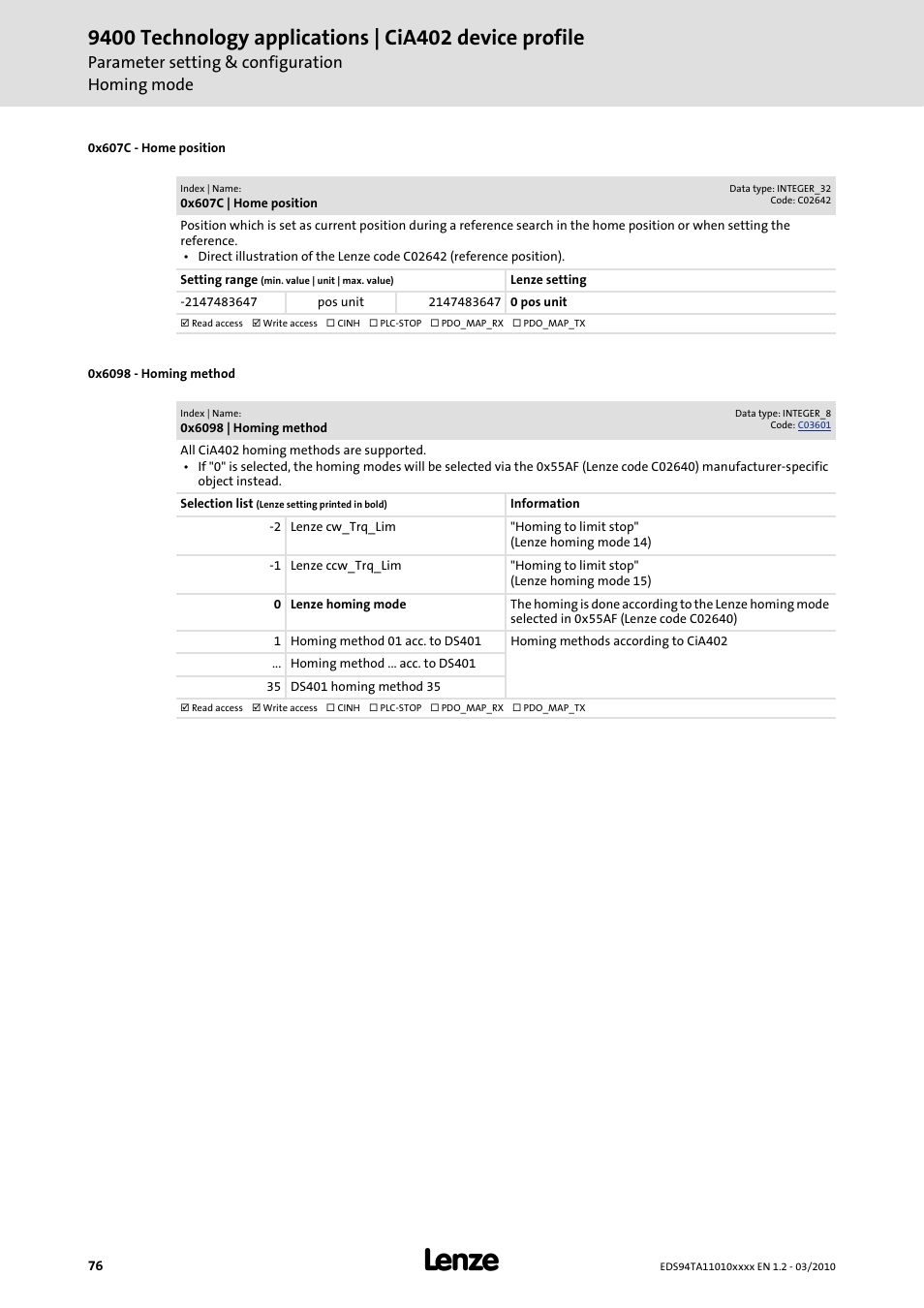 0x607c, 0x6098, Parameter setting & configuration homing mode | Lenze E94AxHE Technology Application CiA402 Device profile User Manual | Page 76 / 232