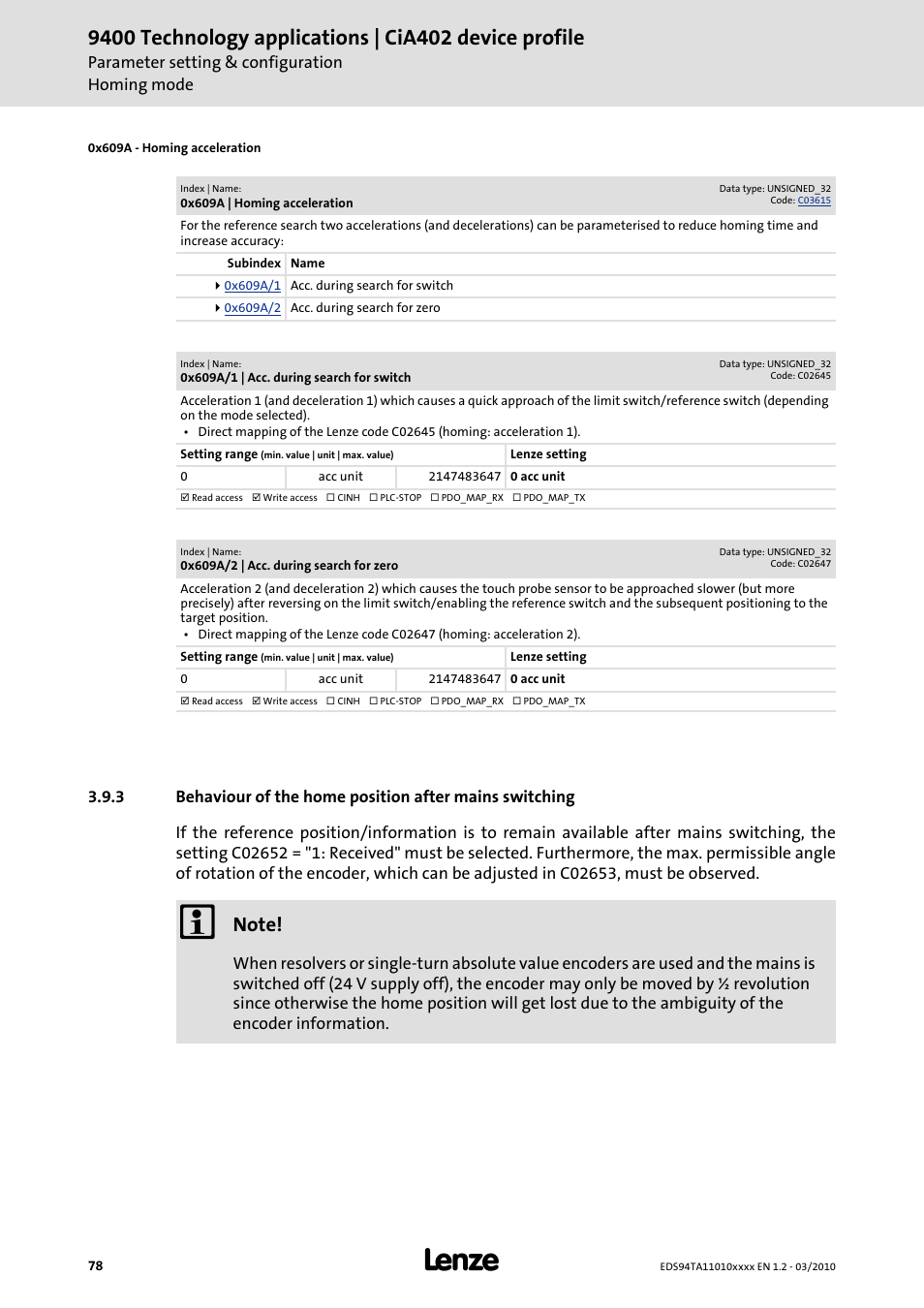 0x609a, 0x607c, Object (homing acceleration) | Object (homing speeds) | Lenze E94AxHE Technology Application CiA402 Device profile User Manual | Page 78 / 232