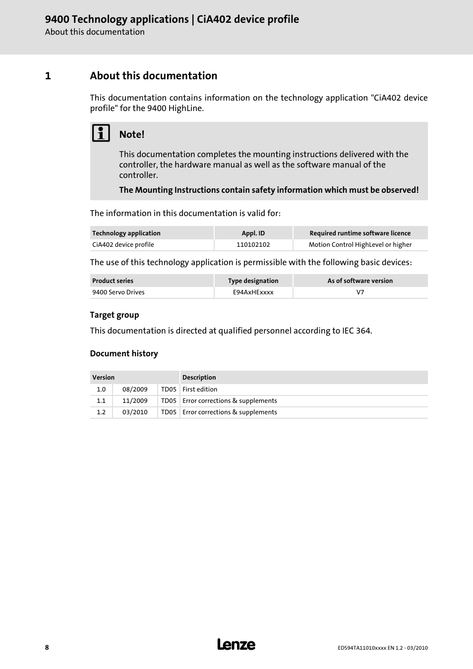 1 about this documentation, About this documentation, 1about this documentation | Lenze E94AxHE Technology Application CiA402 Device profile User Manual | Page 8 / 232