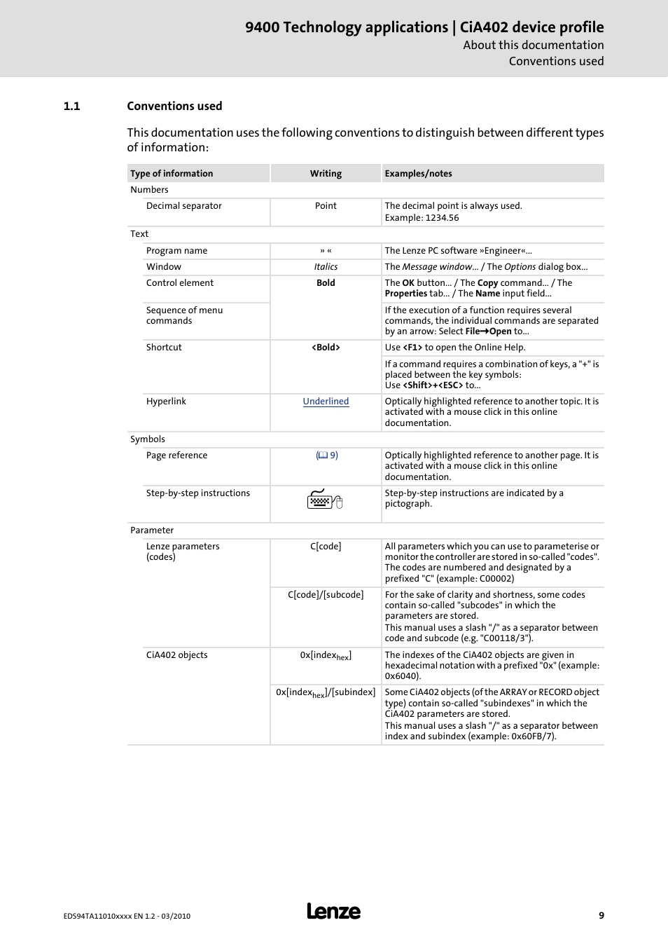 1 conventions used, Conventions used | Lenze E94AxHE Technology Application CiA402 Device profile User Manual | Page 9 / 232