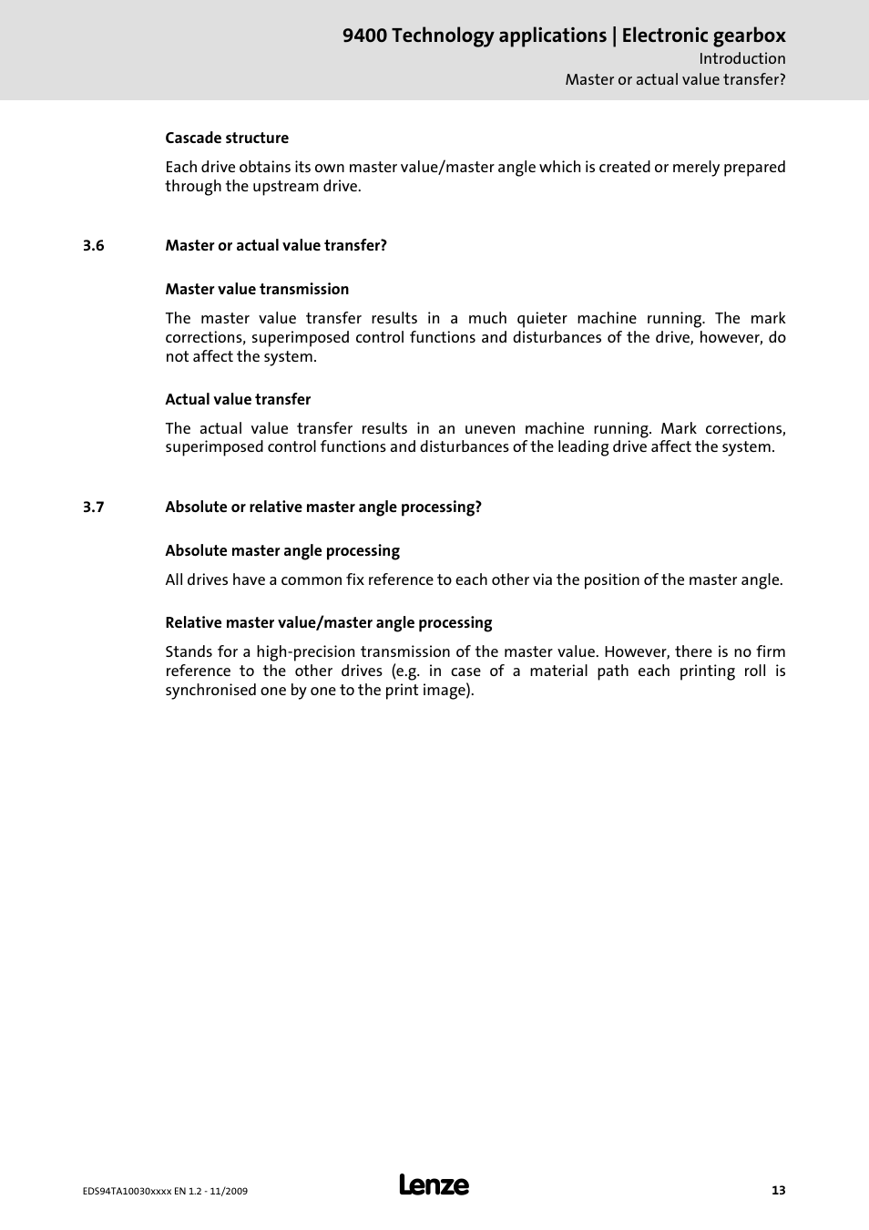 6 master or actual value transfer, 7 absolute or relative master angle processing, 9400 technology applications | electronic gearbox | Lenze E94AxHE Technology Application Electronic gearbox User Manual | Page 13 / 80