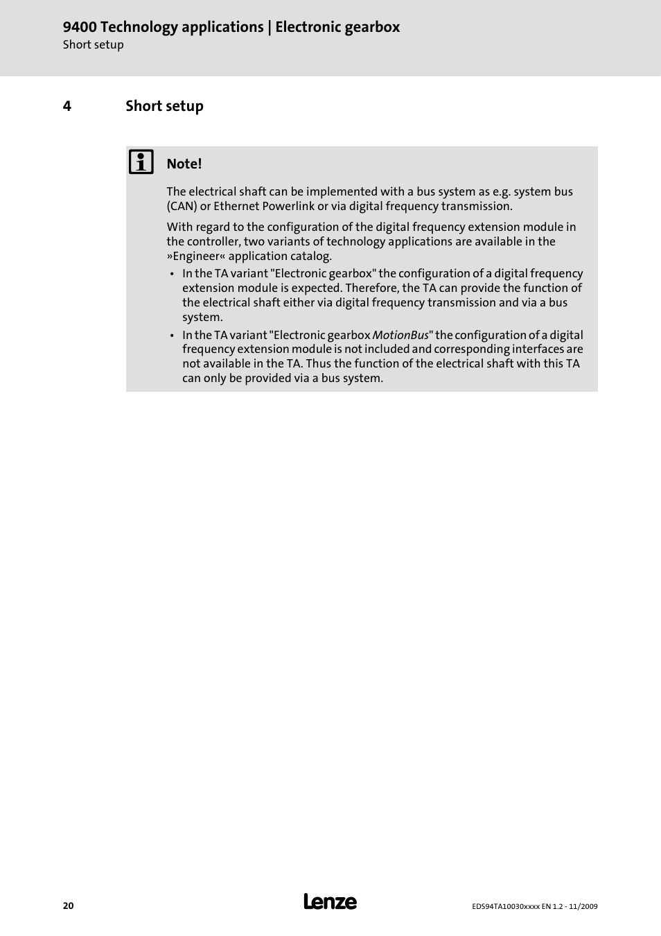 4 short setup, Short setup | Lenze E94AxHE Technology Application Electronic gearbox User Manual | Page 20 / 80