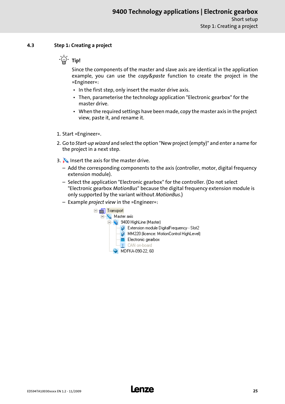 3 step 1: creating a project | Lenze E94AxHE Technology Application Electronic gearbox User Manual | Page 25 / 80