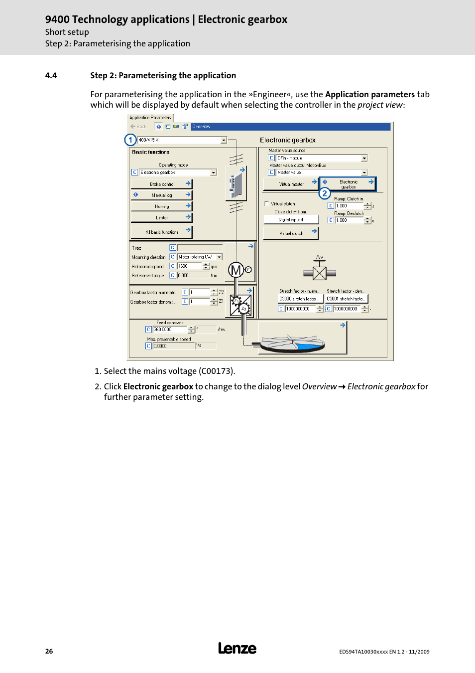 4 step 2: parameterising the application | Lenze E94AxHE Technology Application Electronic gearbox User Manual | Page 26 / 80