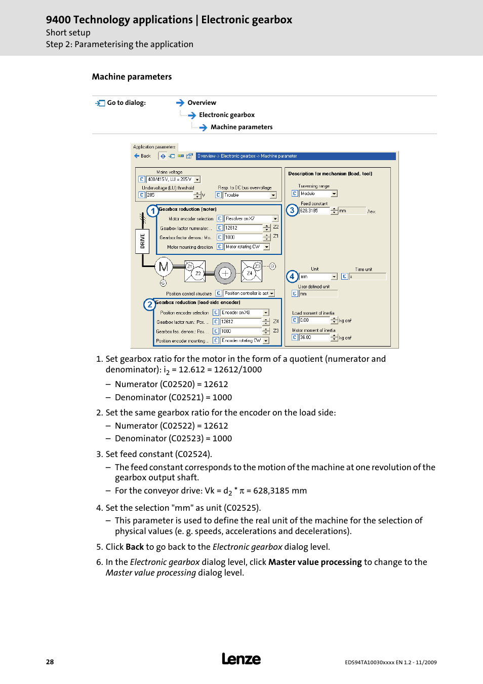 9400 technology applications | electronic gearbox | Lenze E94AxHE Technology Application Electronic gearbox User Manual | Page 28 / 80