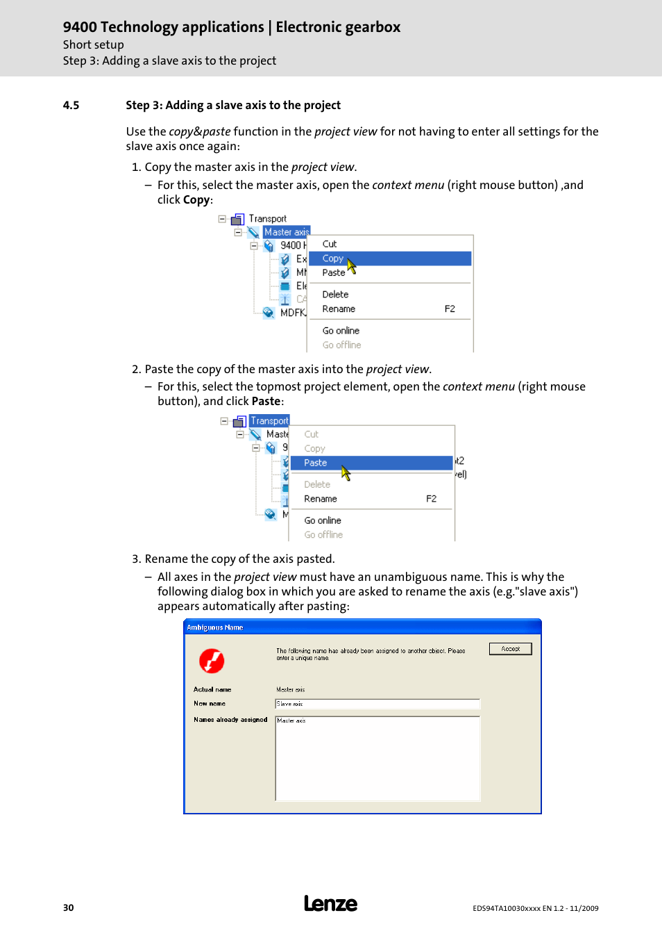 5 step 3: adding a slave axis to the project, 9400 technology applications | electronic gearbox | Lenze E94AxHE Technology Application Electronic gearbox User Manual | Page 30 / 80