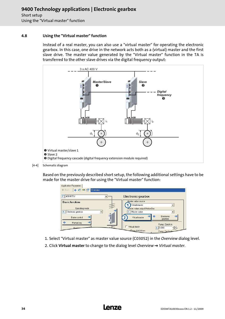 8 using the "virtual master" function, 9400 technology applications | electronic gearbox | Lenze E94AxHE Technology Application Electronic gearbox User Manual | Page 34 / 80