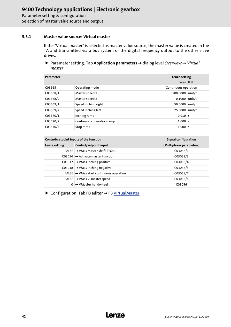 1 master value source: virtual master, 9400 technology applications | electronic gearbox | Lenze E94AxHE Technology Application Electronic gearbox User Manual | Page 42 / 80