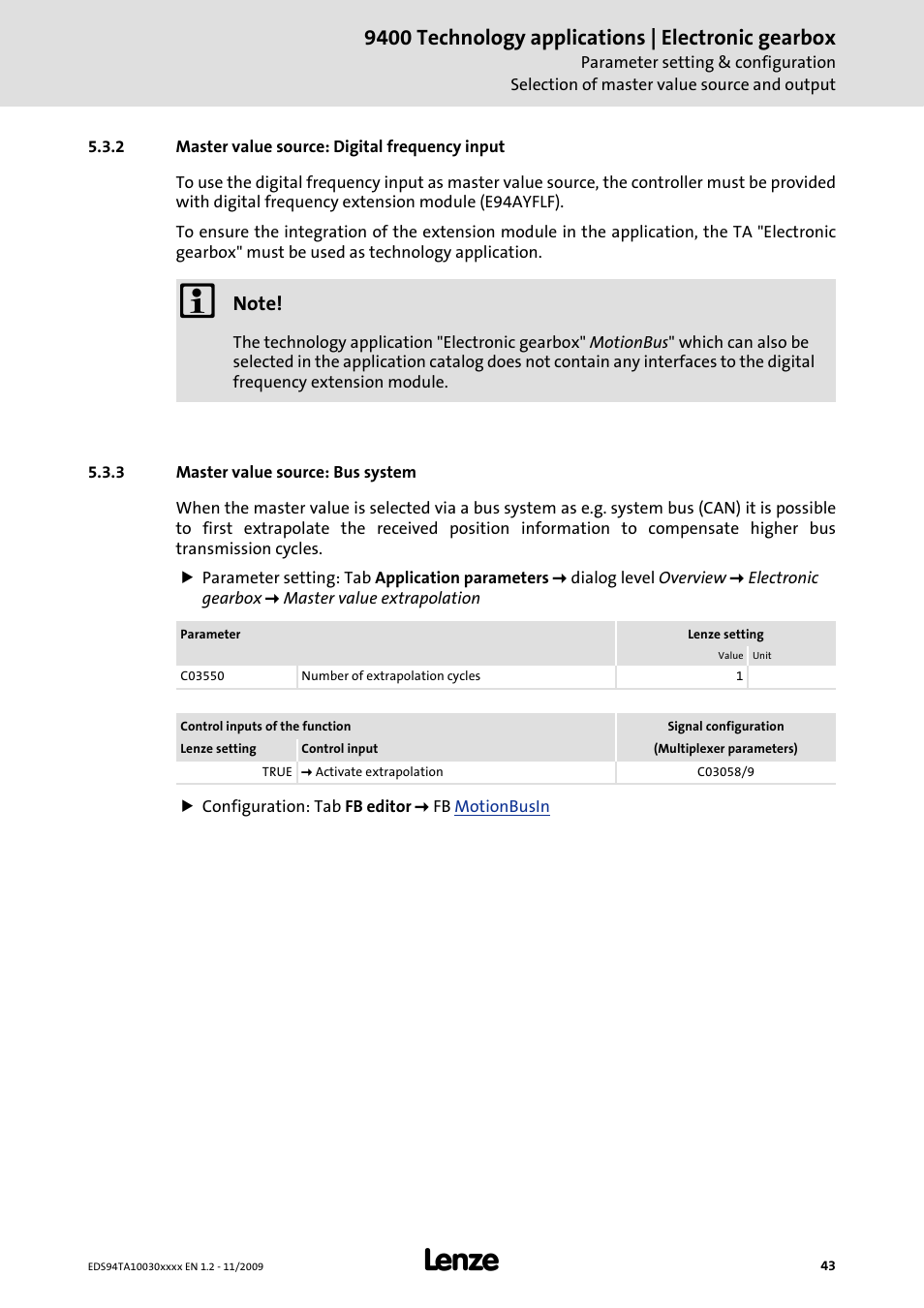 2 master value source: digital frequency input, 3 master value source: bus system, 9400 technology applications | electronic gearbox | Lenze E94AxHE Technology Application Electronic gearbox User Manual | Page 43 / 80