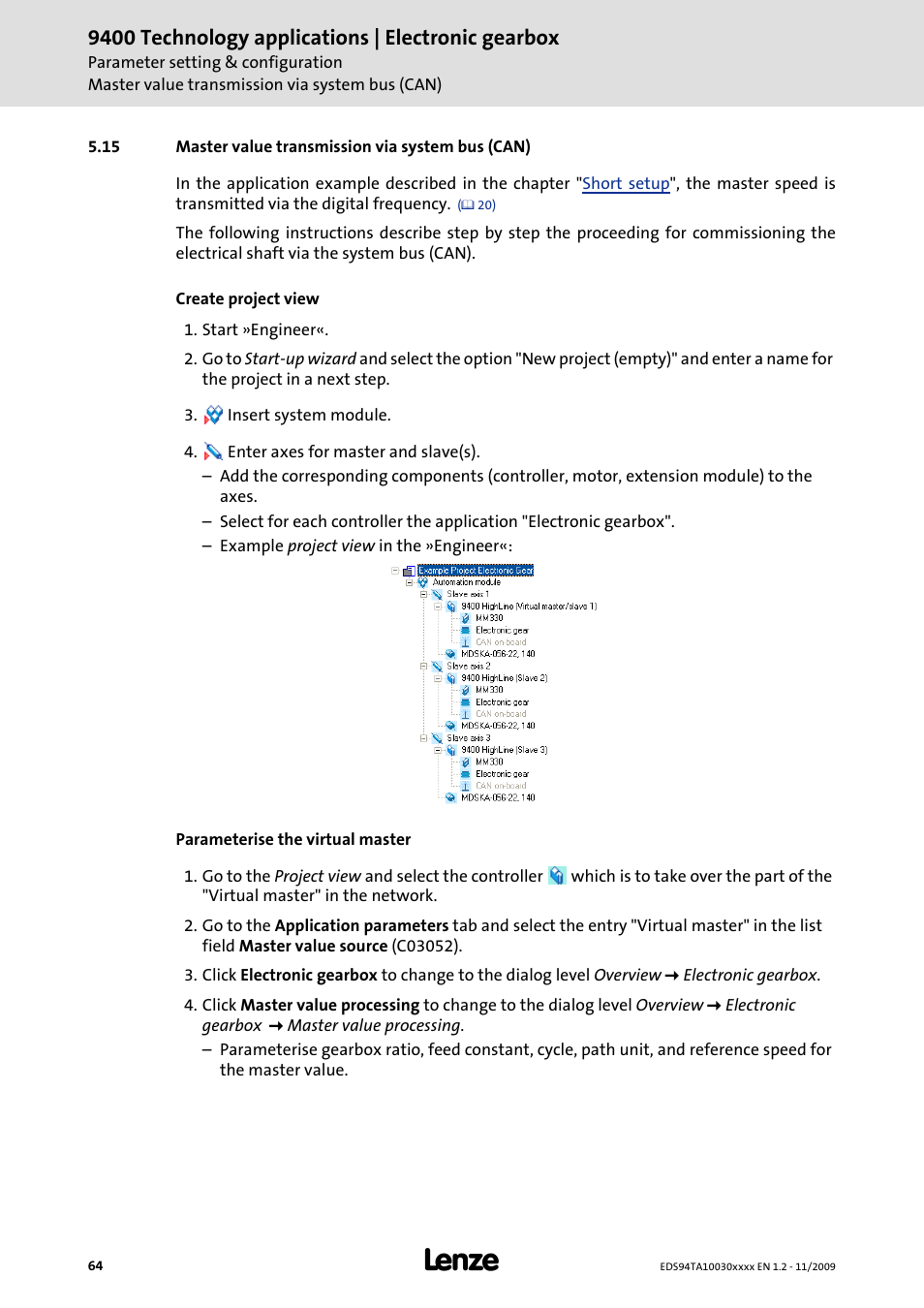 15 master value transmission via system bus (can), 9400 technology applications | electronic gearbox | Lenze E94AxHE Technology Application Electronic gearbox User Manual | Page 64 / 80