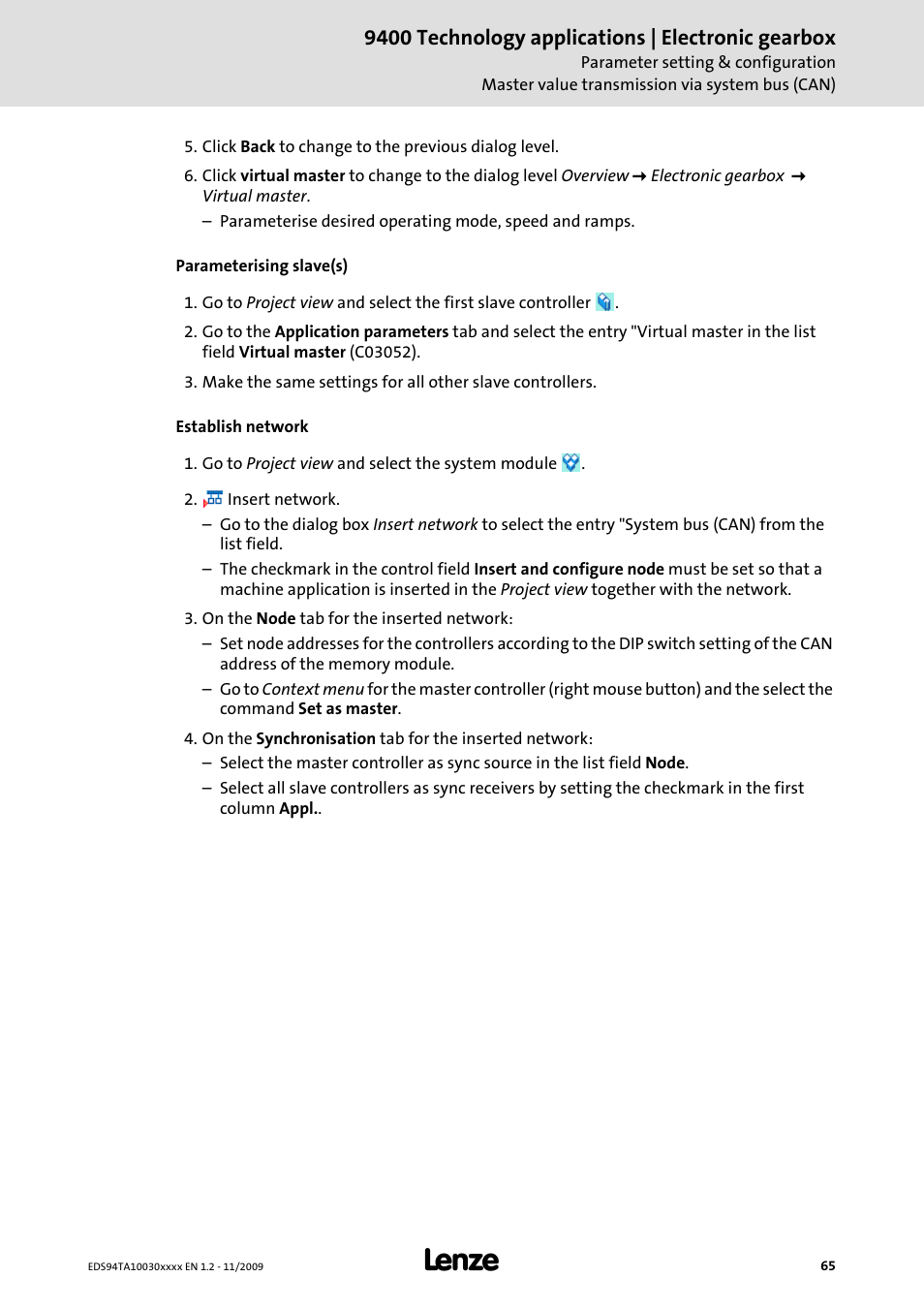 9400 technology applications | electronic gearbox | Lenze E94AxHE Technology Application Electronic gearbox User Manual | Page 65 / 80