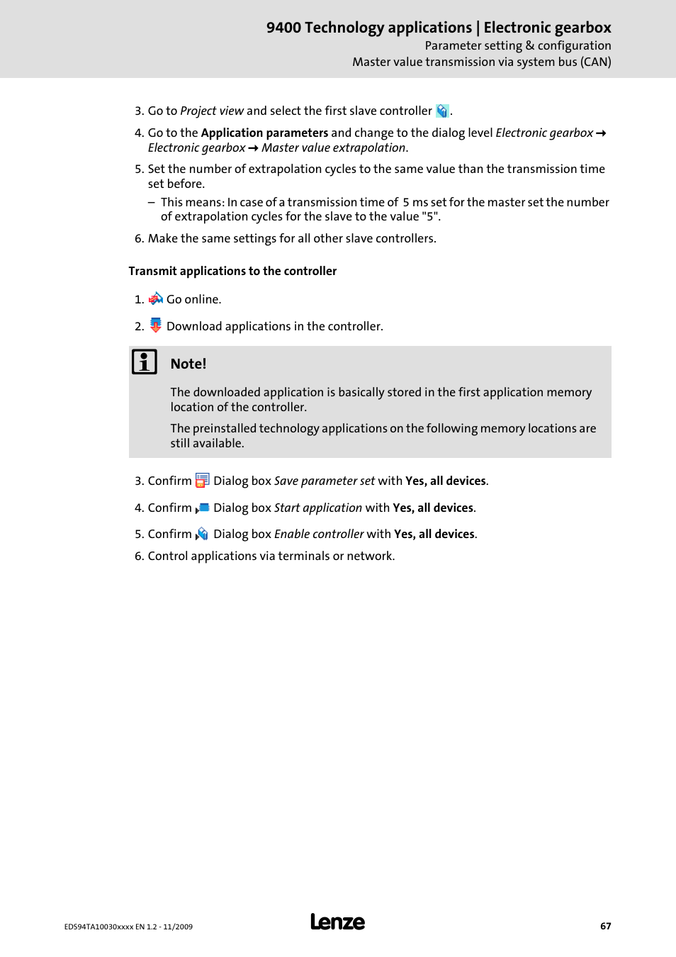Lenze E94AxHE Technology Application Electronic gearbox User Manual | Page 67 / 80