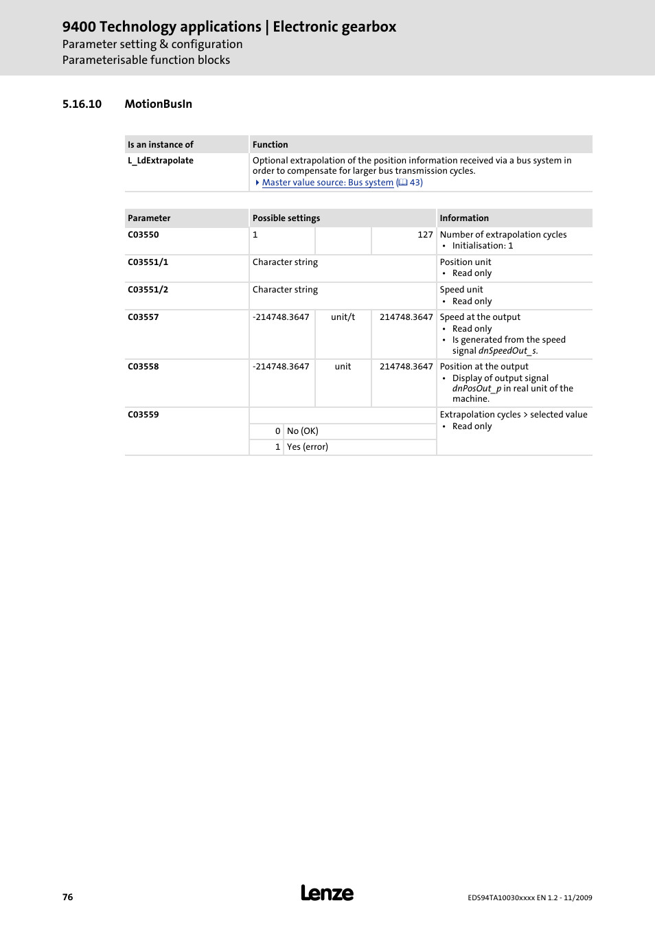 10 motionbusin, 9400 technology applications | electronic gearbox | Lenze E94AxHE Technology Application Electronic gearbox User Manual | Page 76 / 80