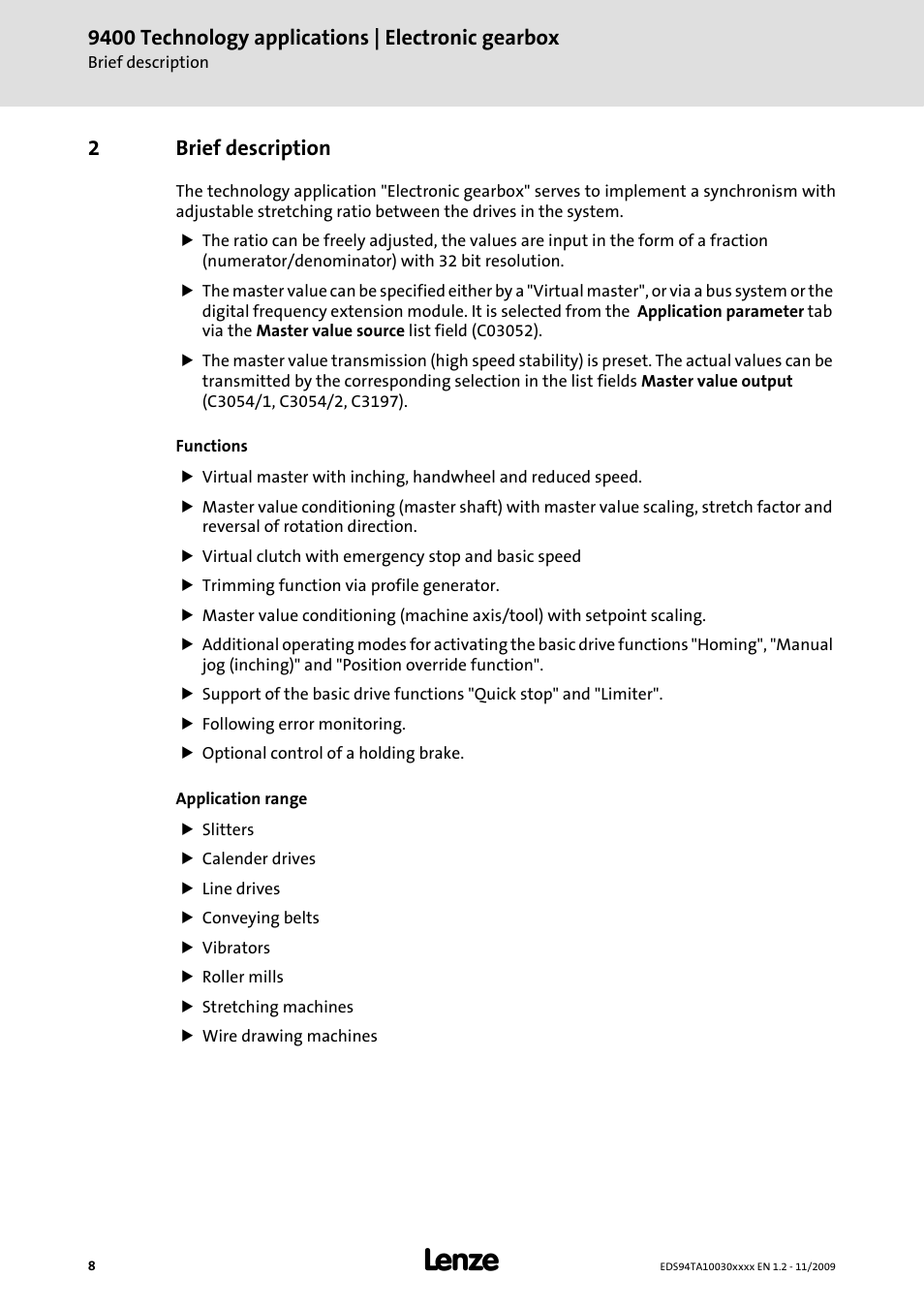 2 brief description, Brief description, 9400 technology applications | electronic gearbox | 2brief description | Lenze E94AxHE Technology Application Electronic gearbox User Manual | Page 8 / 80