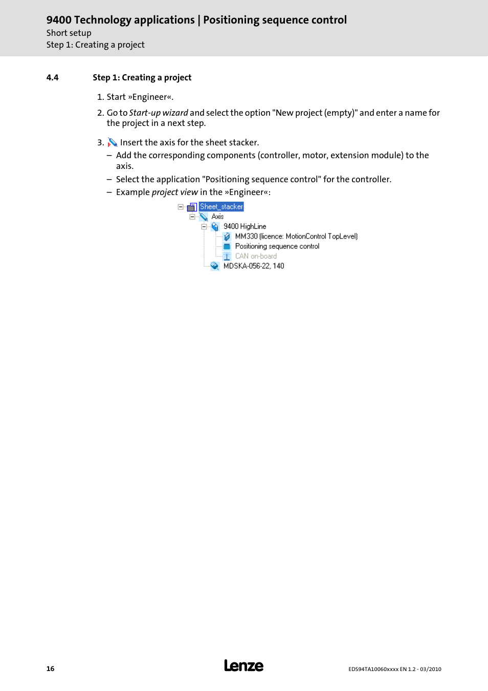 4 step 1: creating a project | Lenze E94AxHE Technology Application Positioning sequence control User Manual | Page 16 / 78