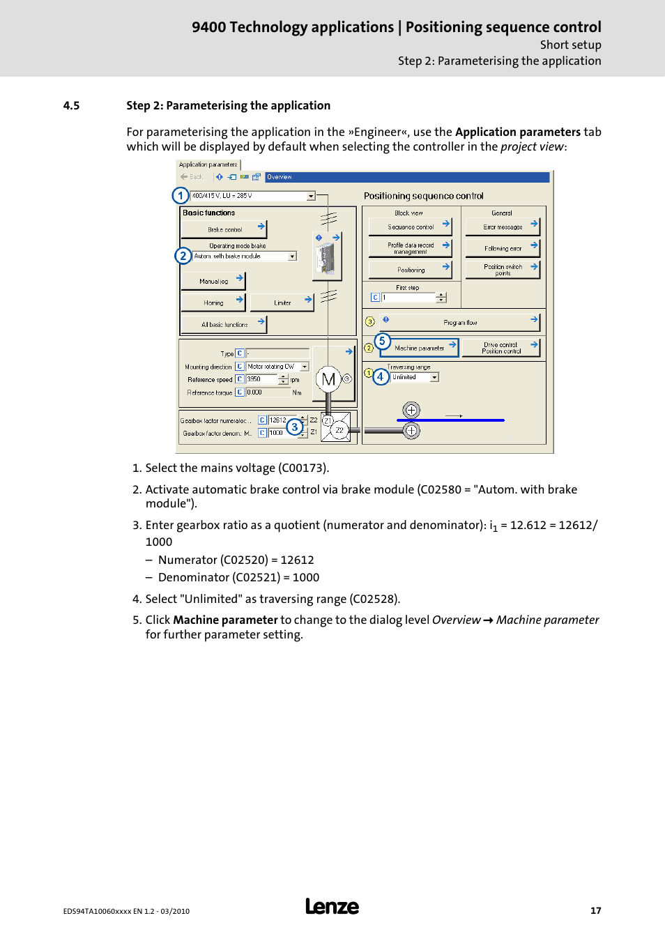 5 step 2: parameterising the application | Lenze E94AxHE Technology Application Positioning sequence control User Manual | Page 17 / 78