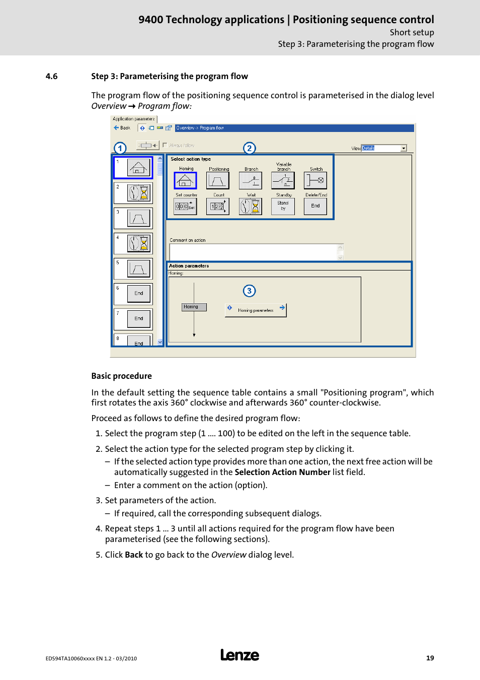 6 step 3: parameterising the program flow | Lenze E94AxHE Technology Application Positioning sequence control User Manual | Page 19 / 78