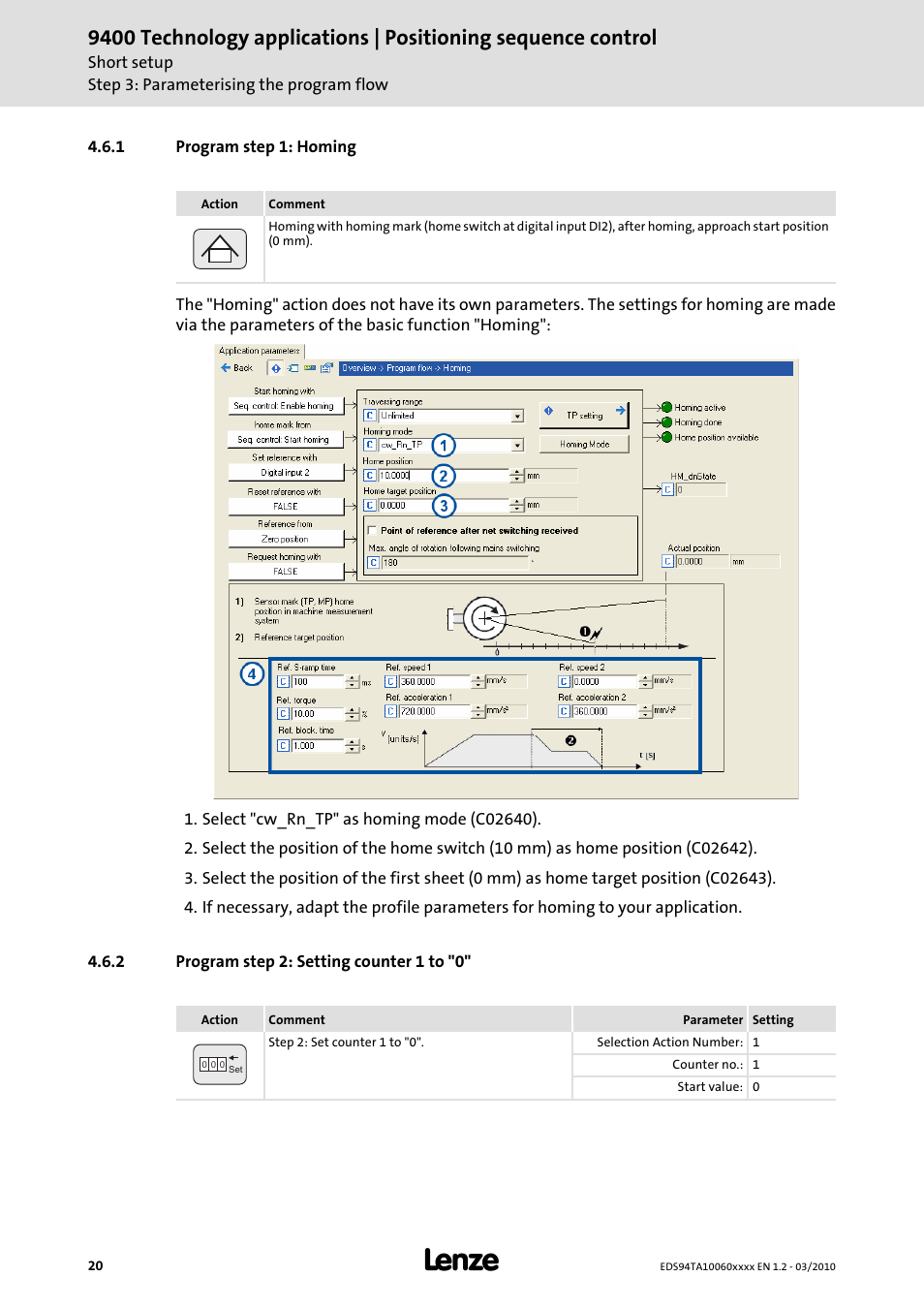 1 program step 1: homing, 2 program step 2: setting counter 1 to "0 | Lenze E94AxHE Technology Application Positioning sequence control User Manual | Page 20 / 78
