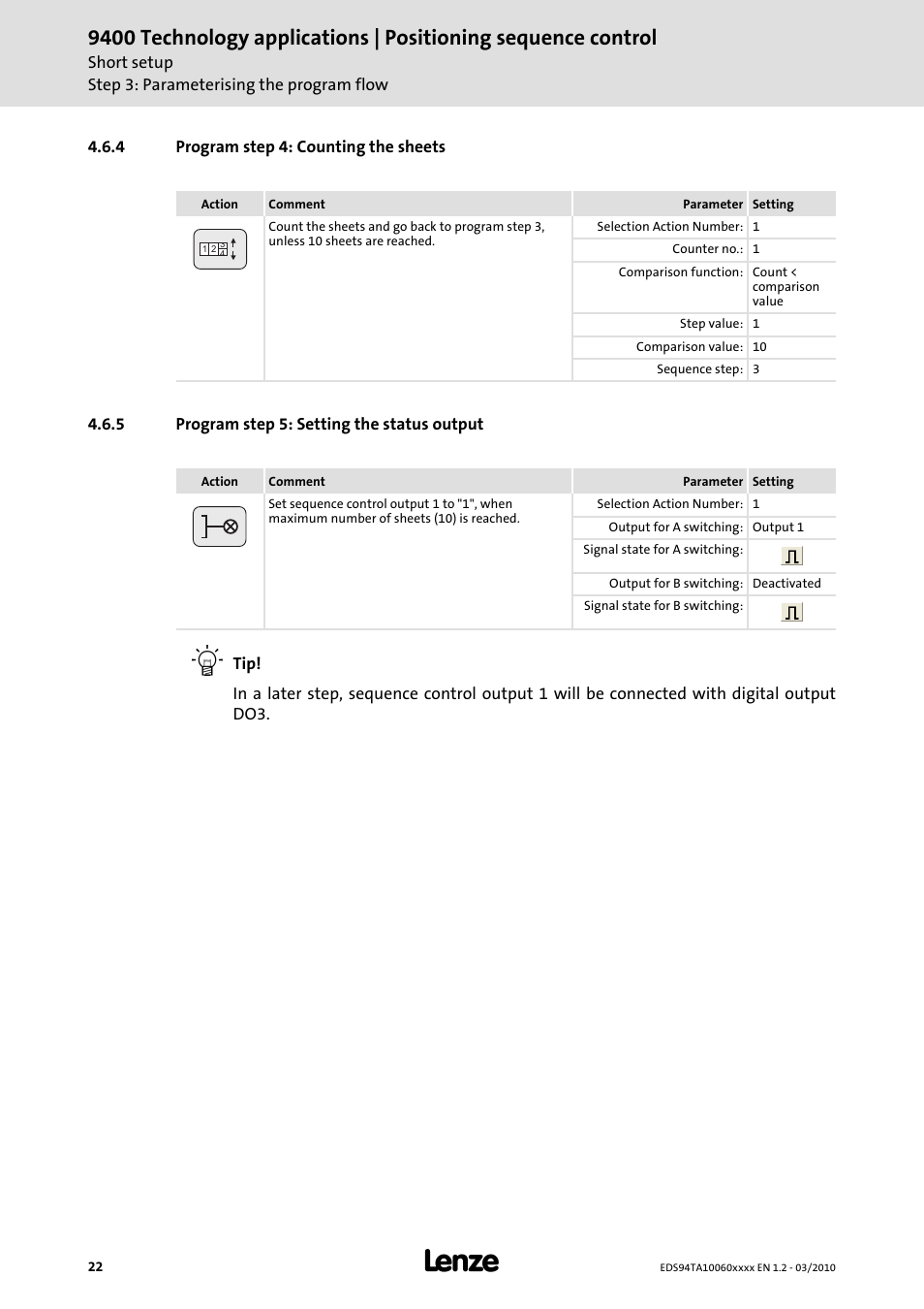 4 program step 4: counting the sheets, 5 program step 5: setting the status output | Lenze E94AxHE Technology Application Positioning sequence control User Manual | Page 22 / 78