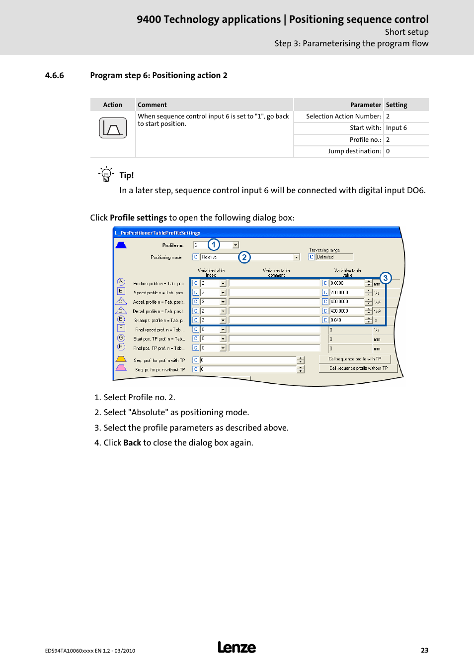 6 program step 6: positioning action 2 | Lenze E94AxHE Technology Application Positioning sequence control User Manual | Page 23 / 78