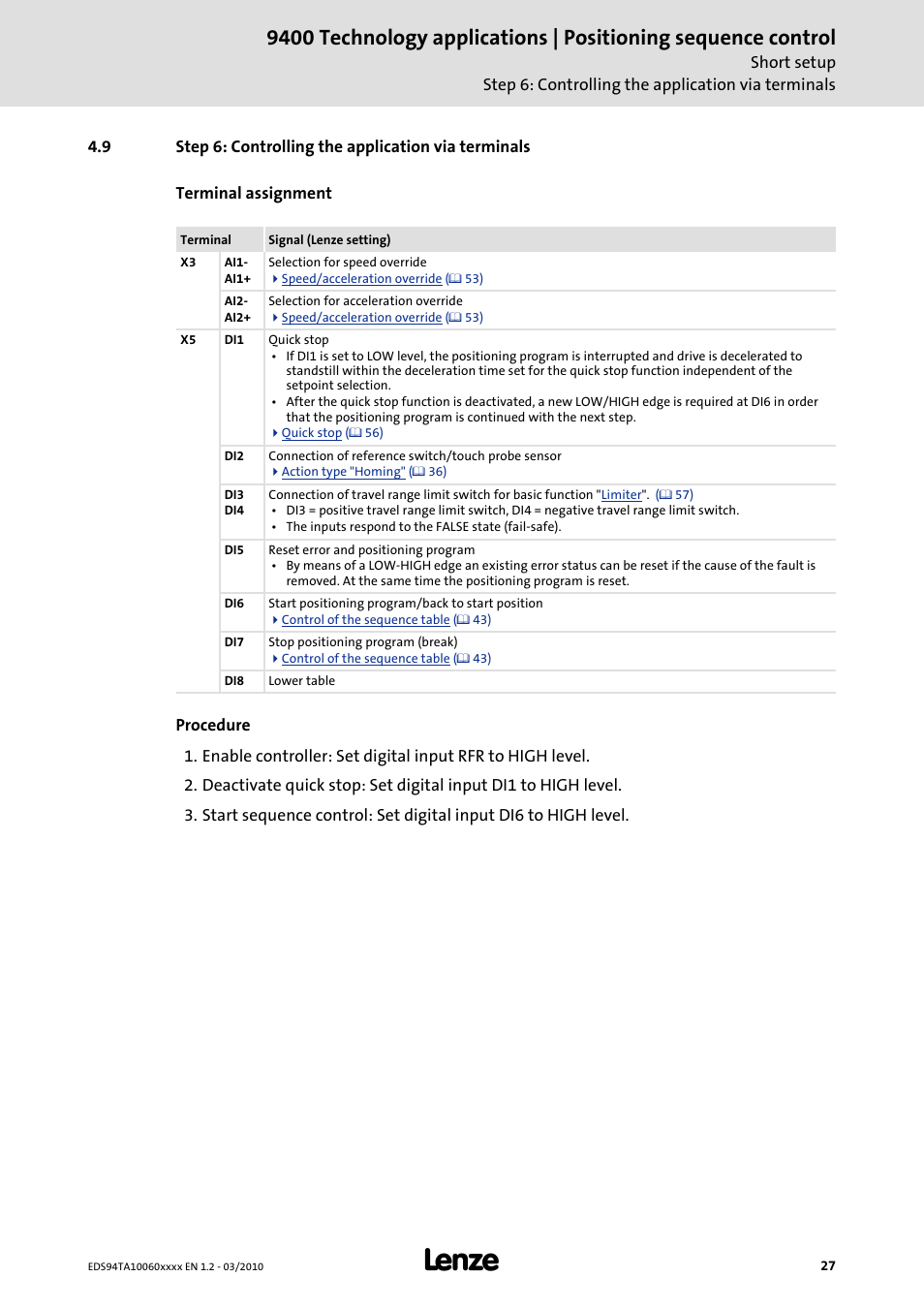 Step 6: controlling the application via terminals | Lenze E94AxHE Technology Application Positioning sequence control User Manual | Page 27 / 78