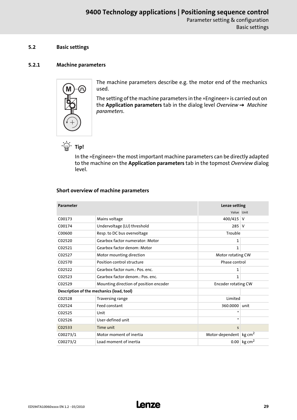 2 basic settings, 1 machine parameters | Lenze E94AxHE Technology Application Positioning sequence control User Manual | Page 29 / 78