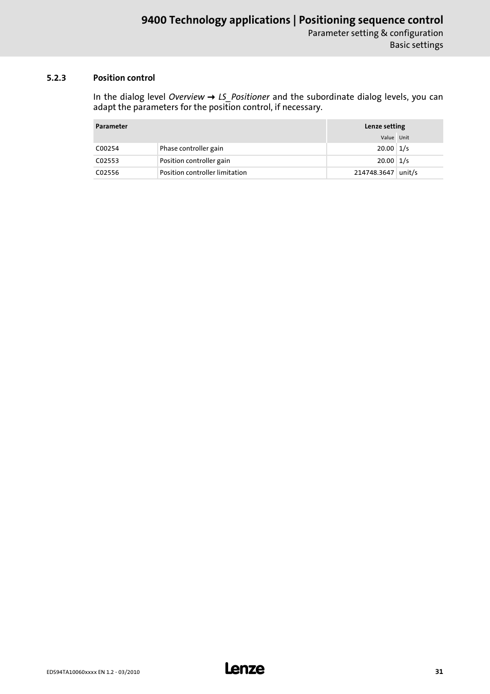 3 position control | Lenze E94AxHE Technology Application Positioning sequence control User Manual | Page 31 / 78
