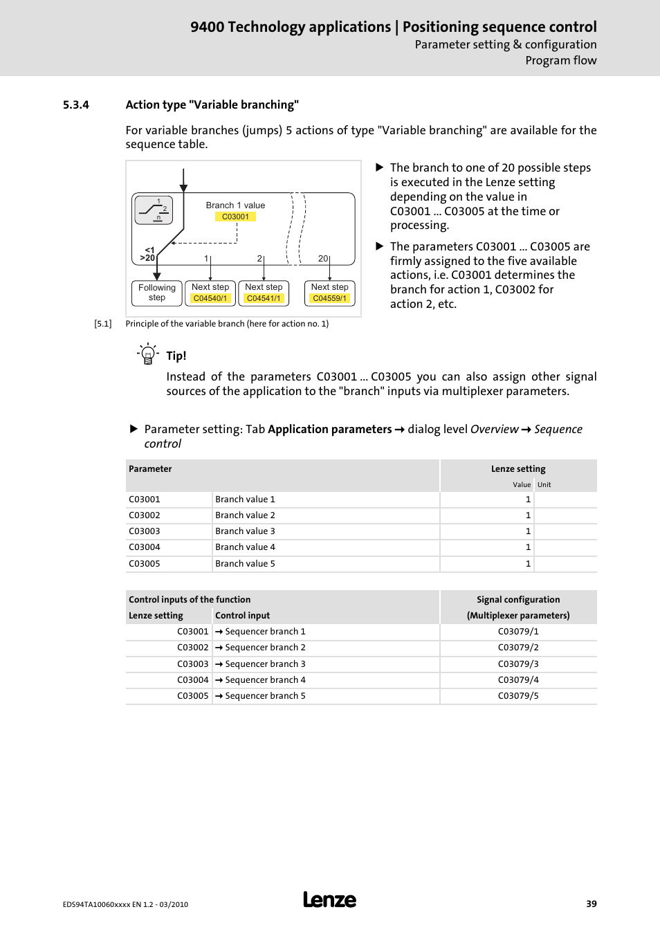 4 action type "variable branching | Lenze E94AxHE Technology Application Positioning sequence control User Manual | Page 39 / 78