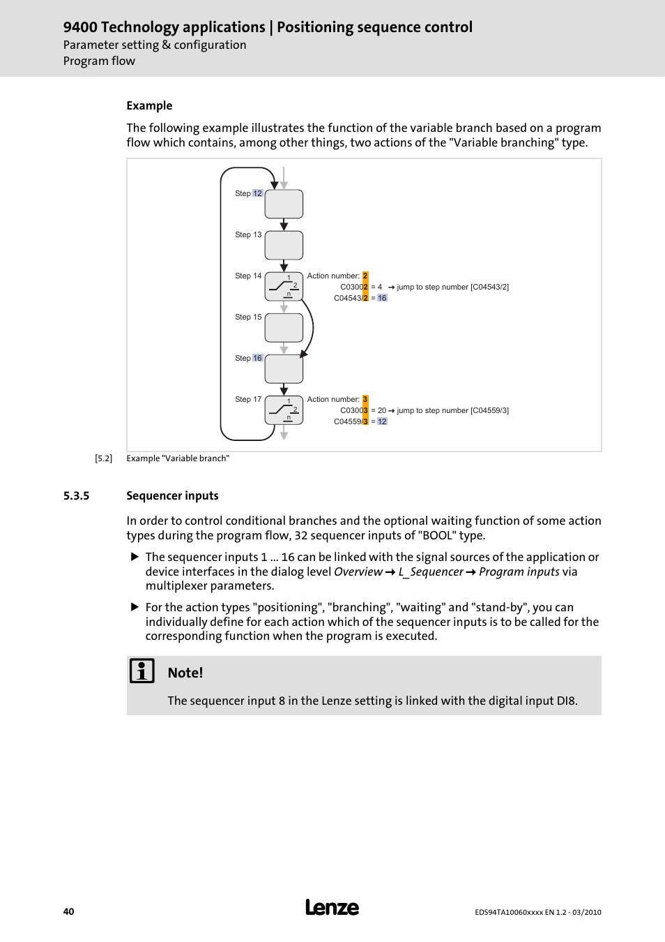 5 sequencer inputs, Sequencer, Inputs ( 40) | Table, Sequencer inputs ( 40), Sequencer inputs | Lenze E94AxHE Technology Application Positioning sequence control User Manual | Page 40 / 78