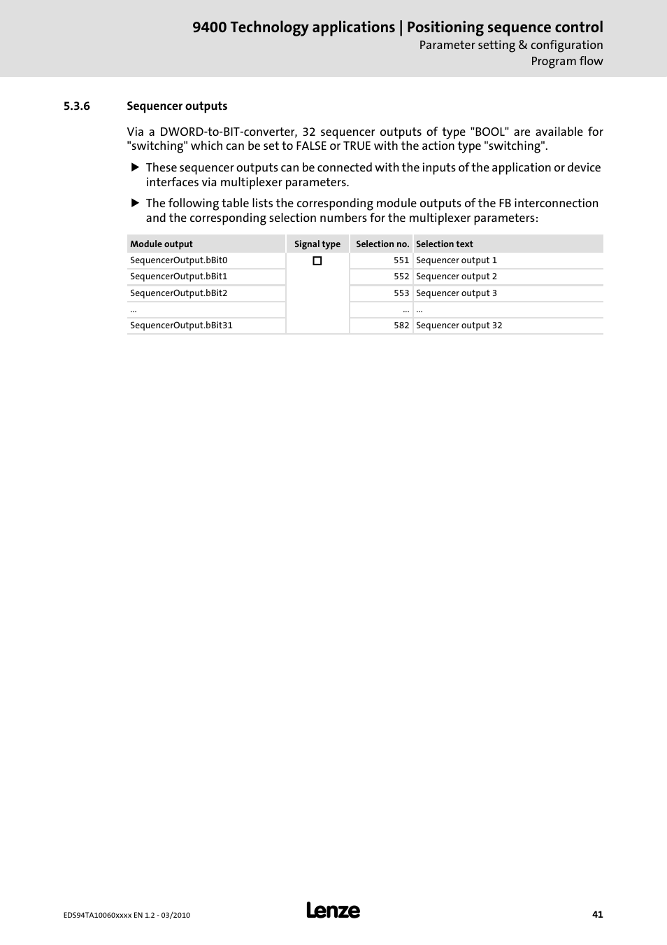 6 sequencer outputs | Lenze E94AxHE Technology Application Positioning sequence control User Manual | Page 41 / 78