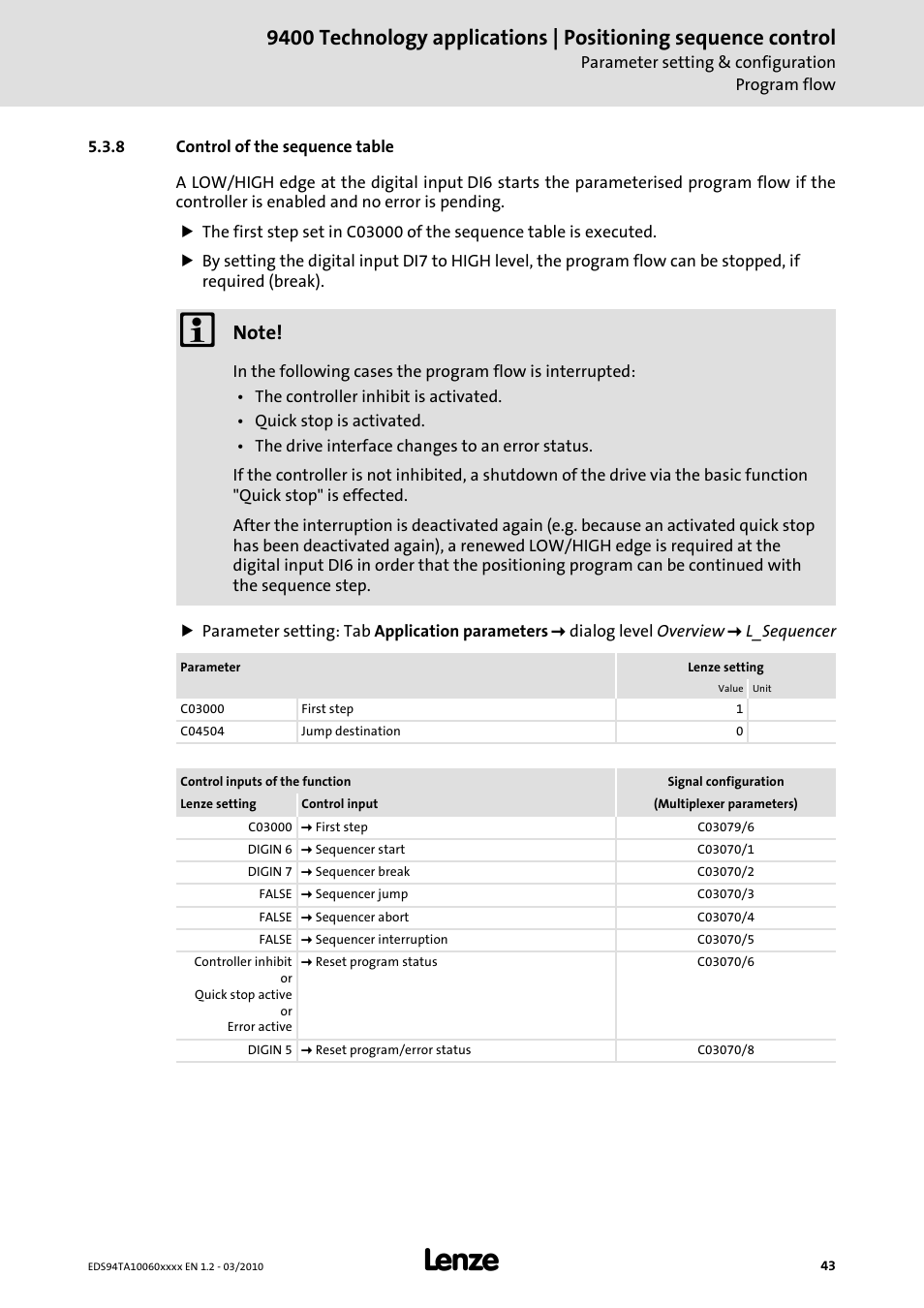 8 control of the sequence table, Control of the sequence table ( 43) | Lenze E94AxHE Technology Application Positioning sequence control User Manual | Page 43 / 78