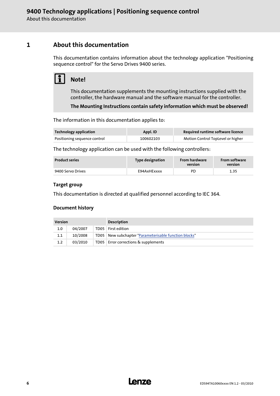1 about this documentation, About this documentation, 1about this documentation | Lenze E94AxHE Technology Application Positioning sequence control User Manual | Page 6 / 78
