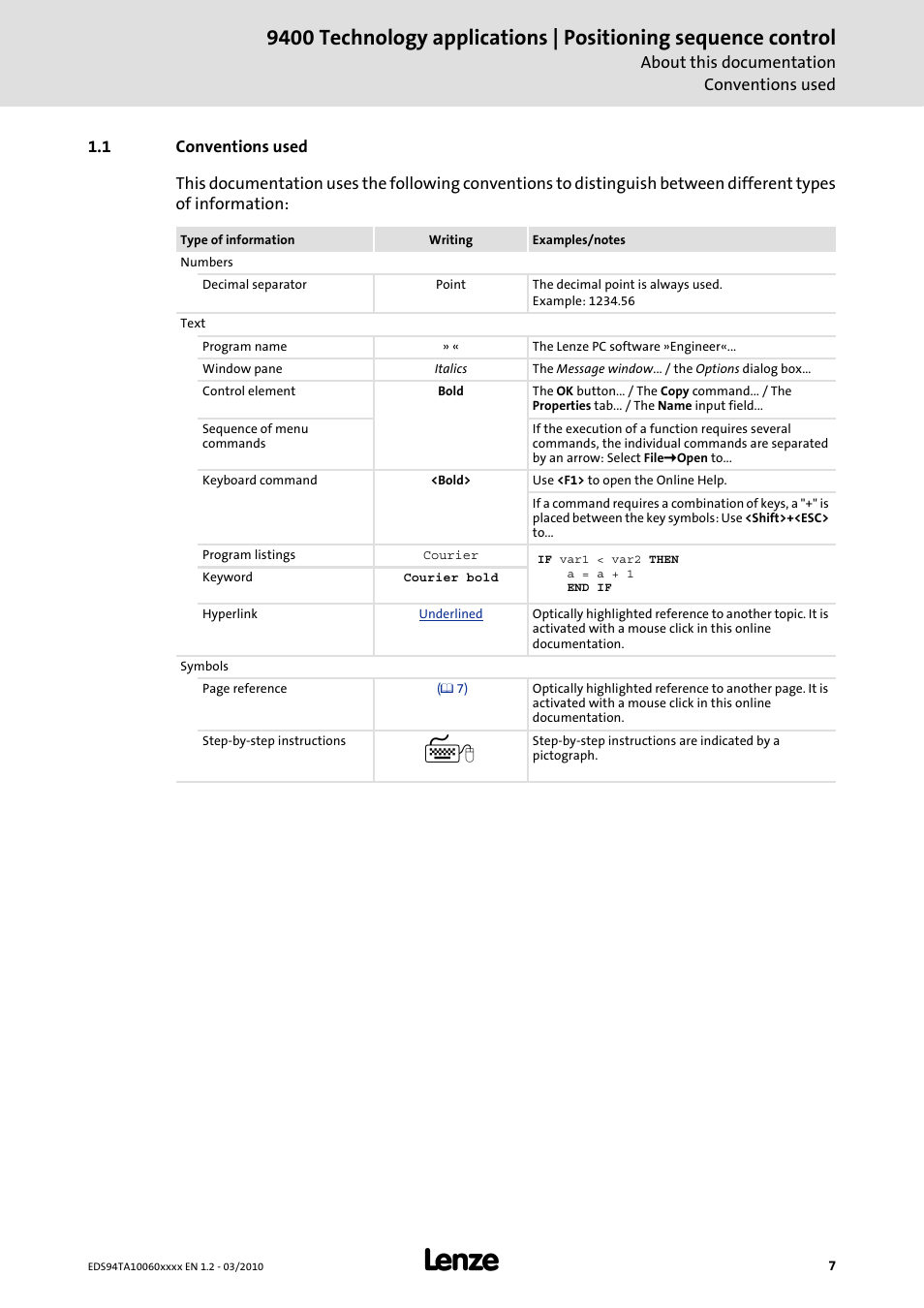 1 conventions used | Lenze E94AxHE Technology Application Positioning sequence control User Manual | Page 7 / 78