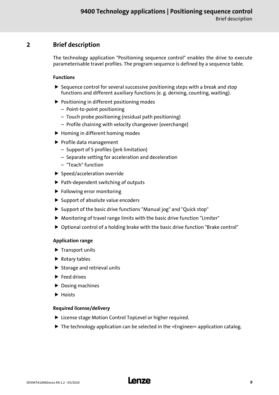 2 brief description, Brief description | Lenze E94AxHE Technology Application Positioning sequence control User Manual | Page 9 / 78